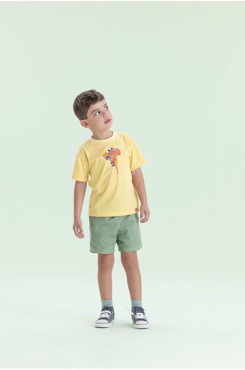Camiseta Manga Curta Com Estampa Dinossauro E Bolsinho
