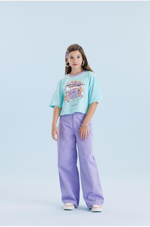 Calça Wide Leg Em Sarja Com Recortes