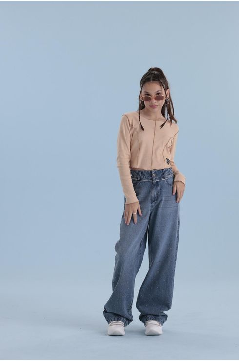 Blusa Manga Longa Canelada Com Frufru E Recortes