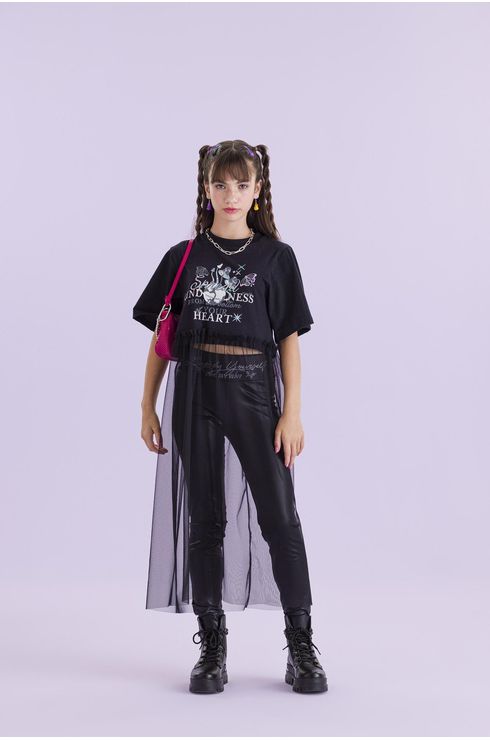 Blusa Manga Curta Com Silk E Saia Aplicada Em Tule