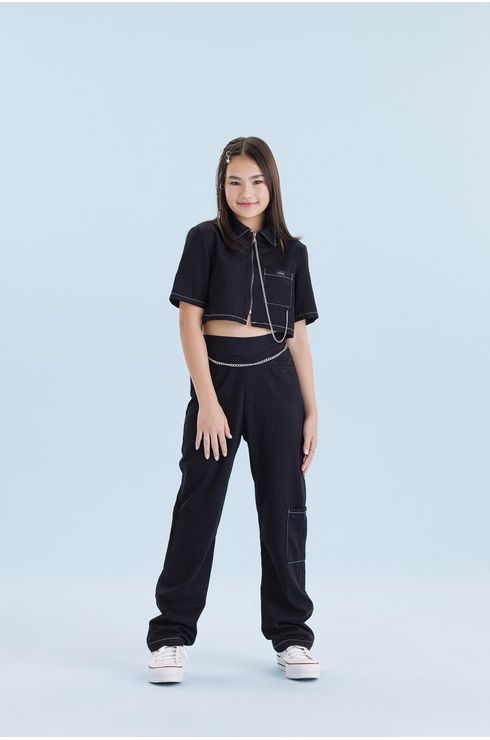 Camisa Manga Curta Abertura Em Zíper Com Bolso Lateral E Corrente