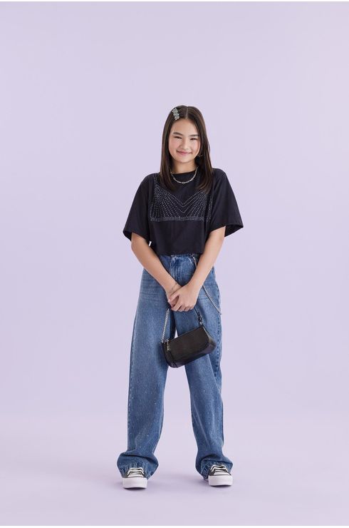 Blusa Manga Curta Com Aplicação De Strass