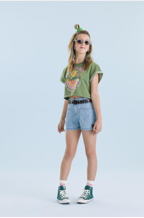 Short Jeans Com Prega Frontal E Glitter