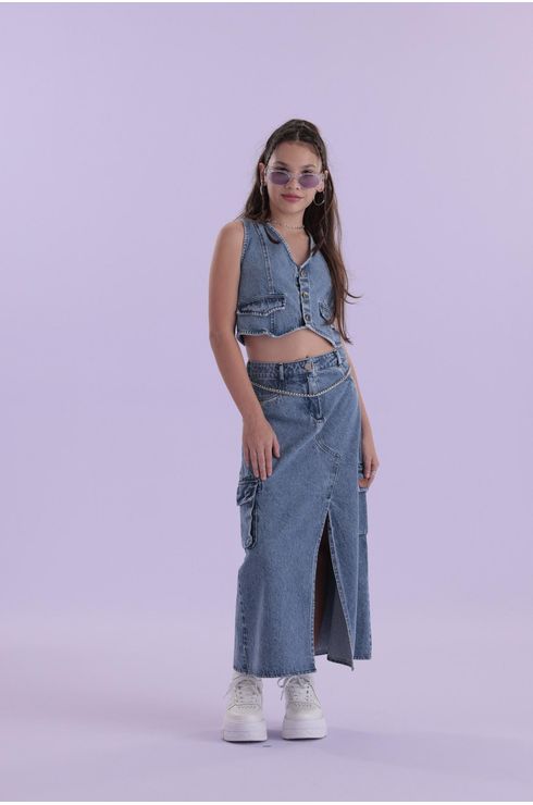 Saia Jeans Longa Com Fenda