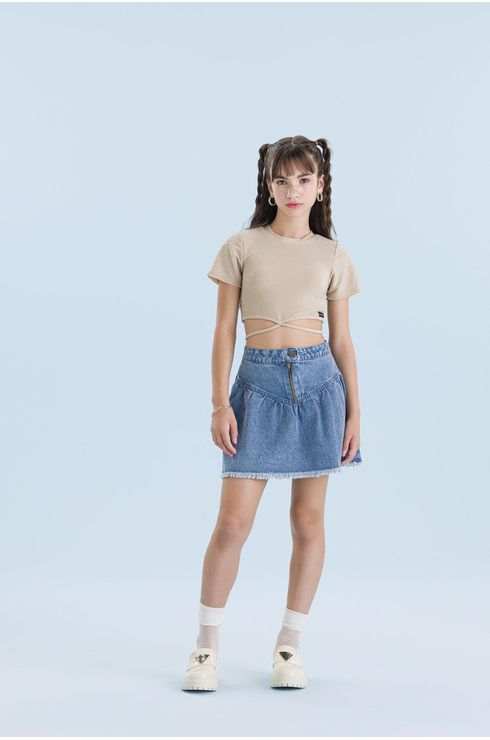 Blusa Manga Curta Com Viés Transpassado Para Amarração