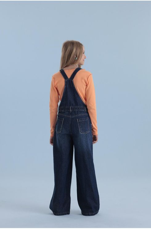 Macacão Jeans Wide Leg Com Bolso Frontal