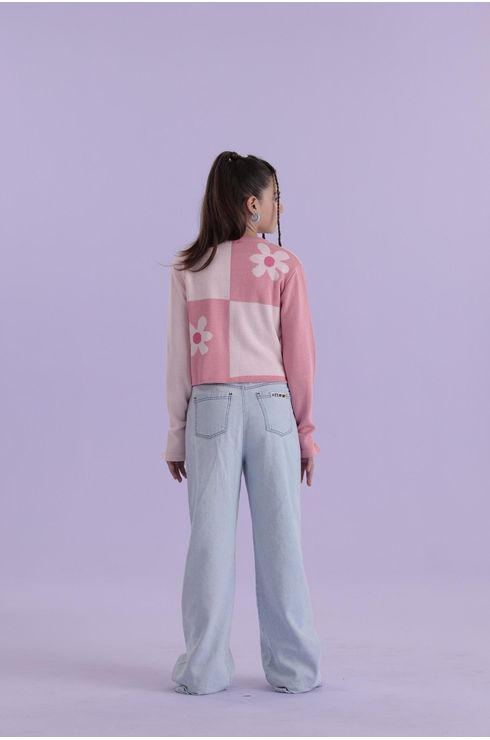 Blusa Manga Longa Tricô Quadrado E Flor Manga Ampla