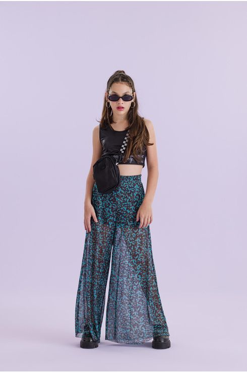 Calça Super Wide Em Tule Com Forro Short