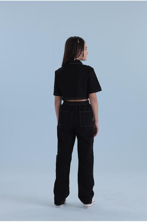 Camisa Manga Curta Abertura Em Zíper Com Bolso Lateral E Corrente