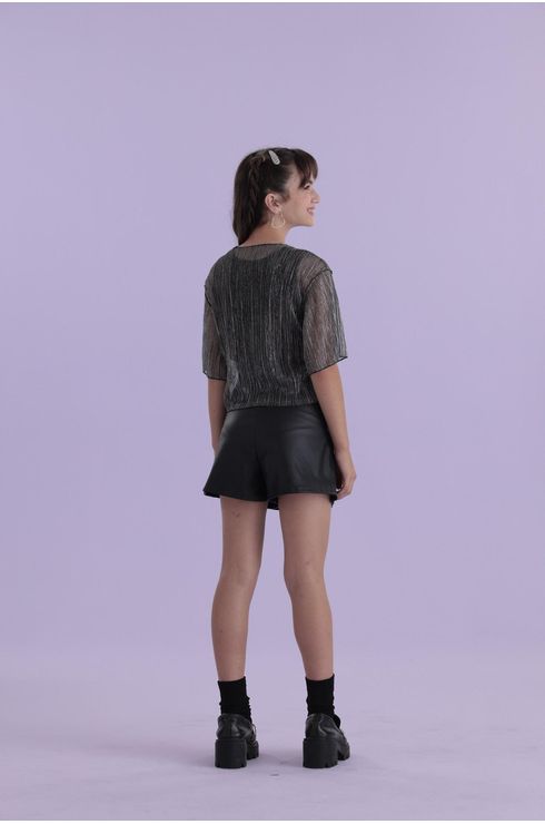 Blusa Manga Curta Em Tule Lurex Com Top Interno