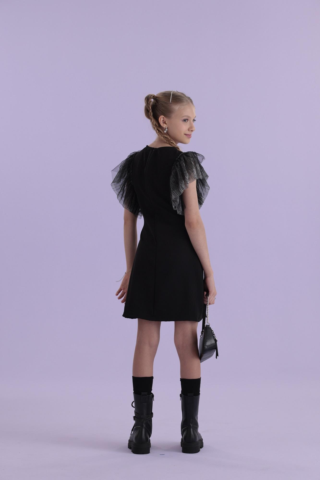 Vestido-Tubinho-Com-Saia-Sobreposta-Em-Lurex-E-Manga-Em-Tule