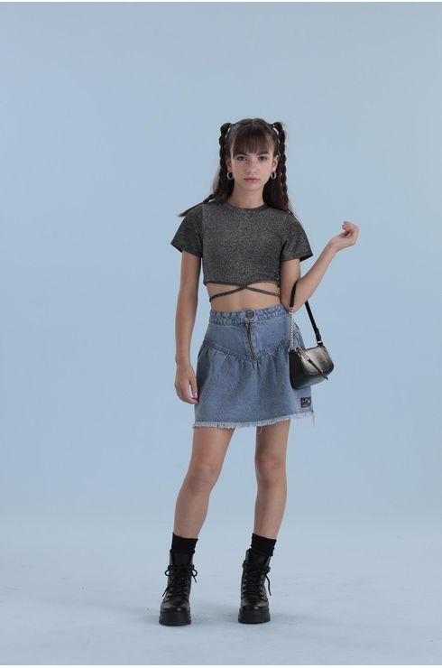 Saia Jeans Com Pala Sobreposta E Glitter