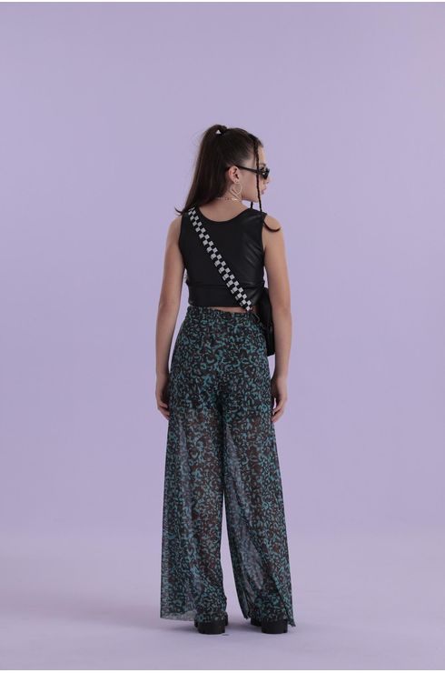 Calça Super Wide Em Tule Com Forro Short