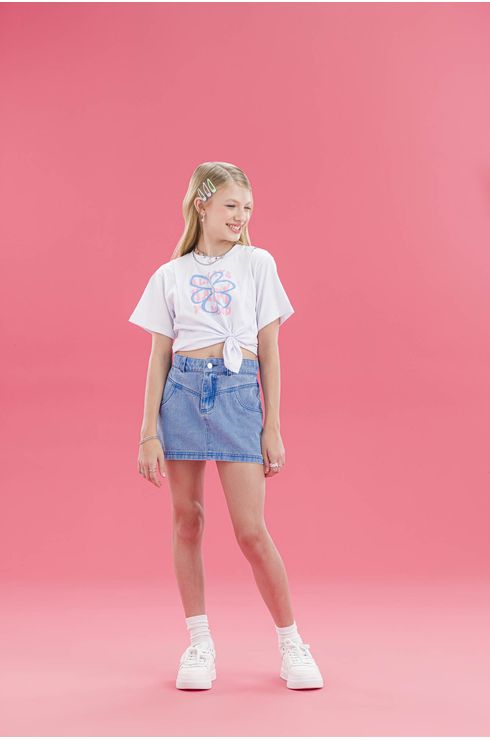 Saia Jeans Com Pregas Em V Frente E Costas