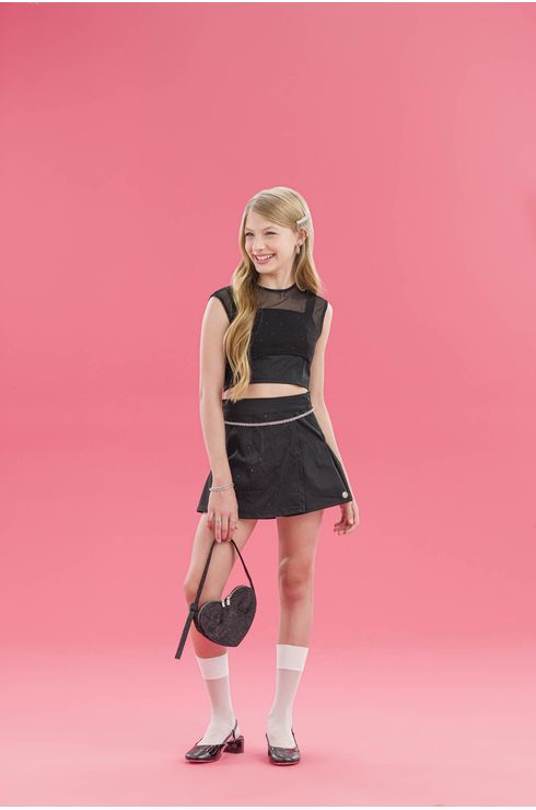 Short Saia Liso Com Aplicação De Strass