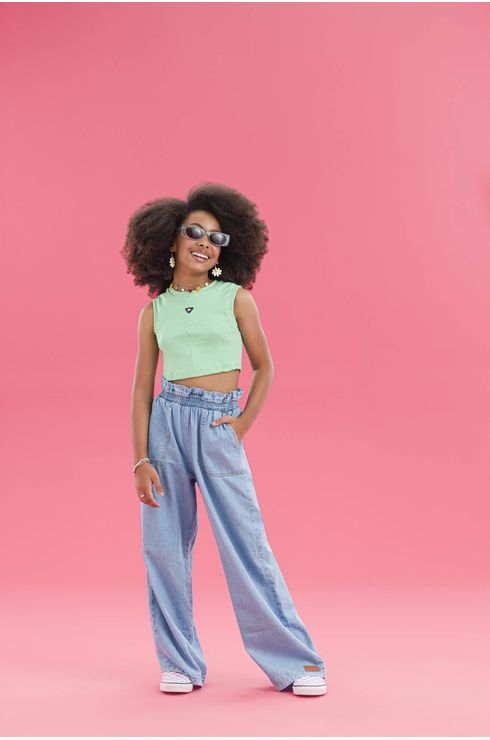 Calça Wide Leg Com Cós De Elástico E Bolso Frontal