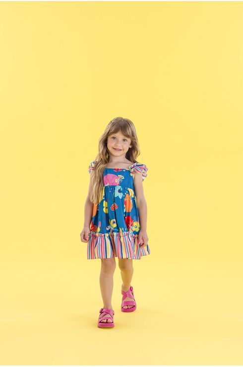 Vestido Estampado Com Babados