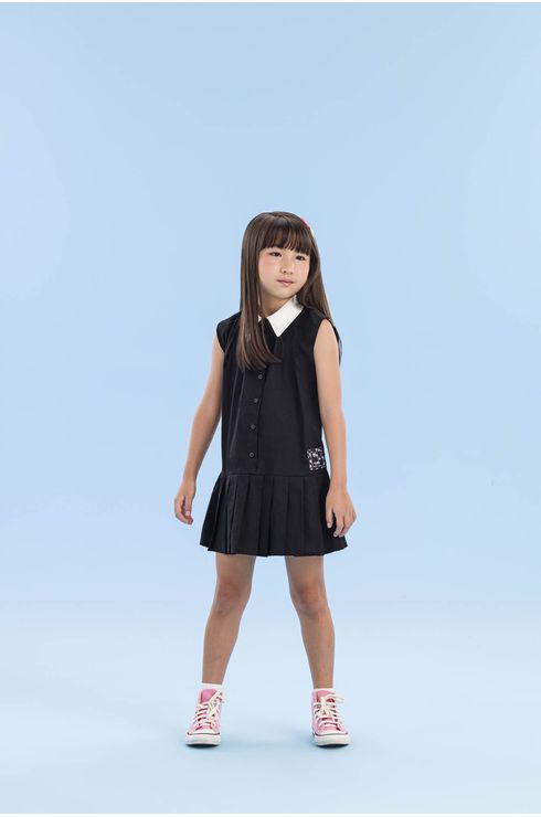 Vestido Em Tricoline Preto E Branco Com Pregas