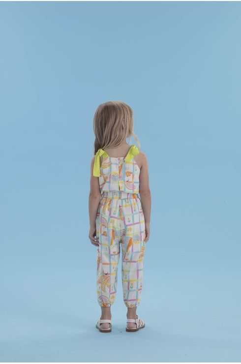 Macacão Estampado Em Viscose Com Alças Para Amarrar