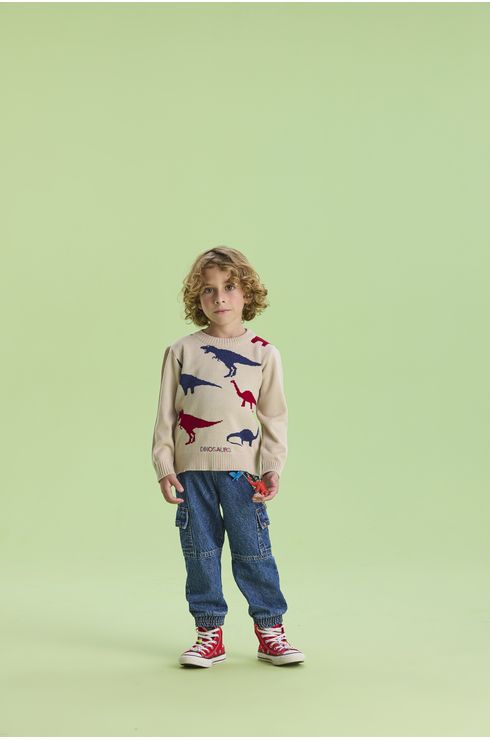 Blusa Em Tricô Com Dinossauro Tricolor