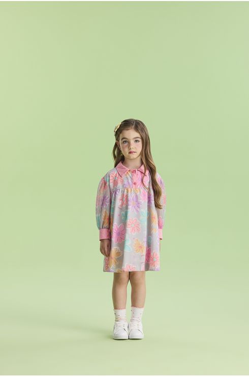 Vestido Manga Longa Estampado Com Manga Em Tule E Gola