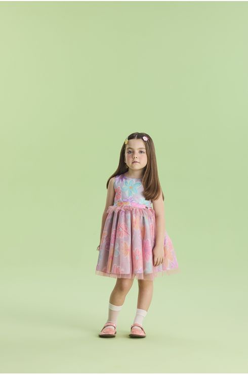 Vestido Festa Estampado Com Saia Tule