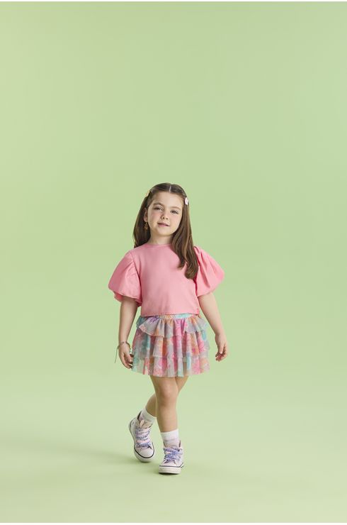 Conjunto Manga Curta Blusa Em Viscose E Saia Em Tule