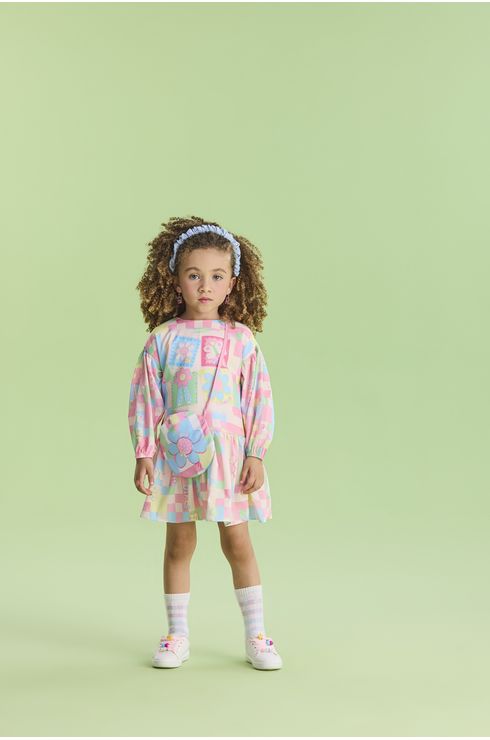 Vestido Manga Longa Fluido Com Estampa Local