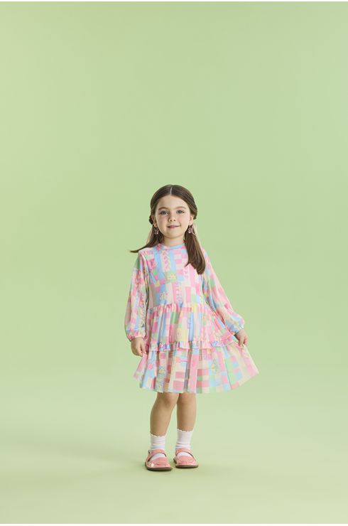 Vestido Manga Longa 3 Marias Em Tule Estampado