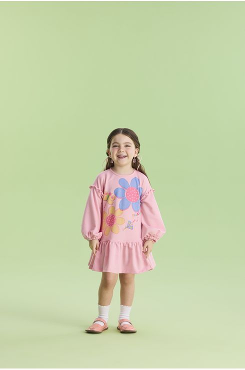 Vestido Manga Longa Em Moletinho Com Estampa Front E Babado Na Manga