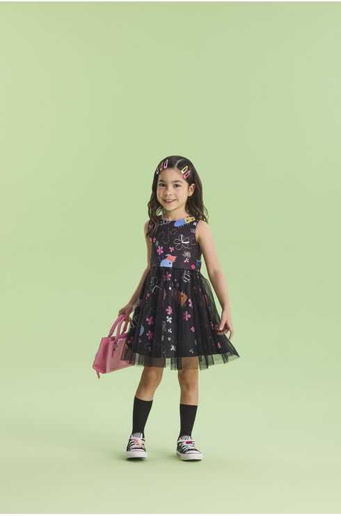 Vestido Festa Estampado Com Sobreposição Em Tule