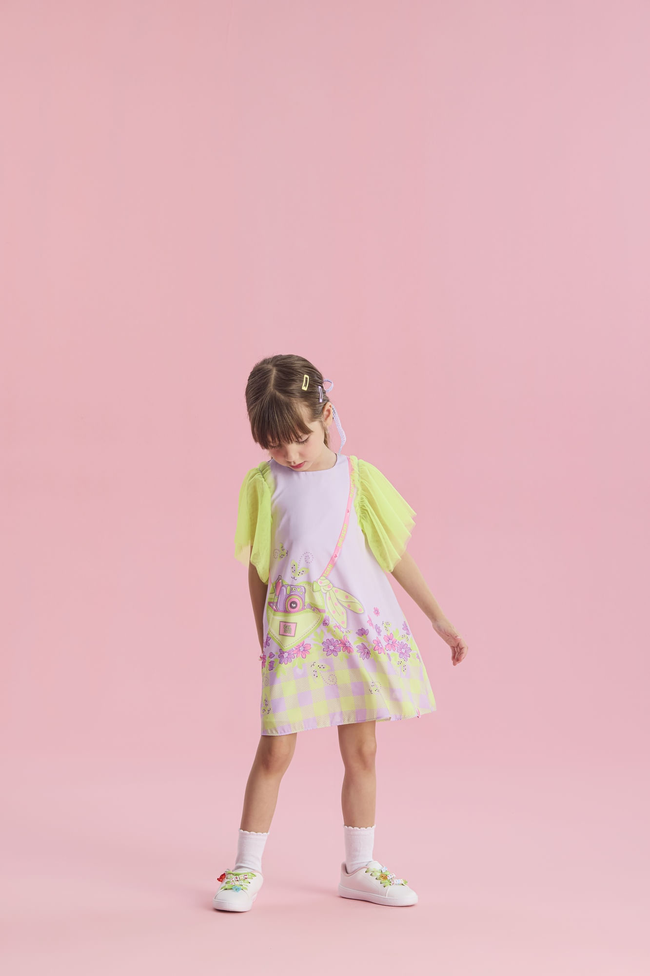 Vestido-Manga-Curta-Fluido-Com-Manga-De-Tule
