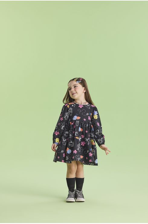 Vestido Manga Longa Em Tricoline Estampada