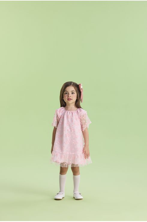 Vestido Manga Curta Fluido Em Tule