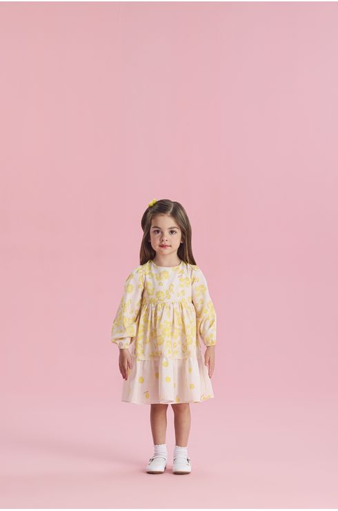 Vestido Manga Longa Estampado Estilo 3 Marias Com Renda Aplicada