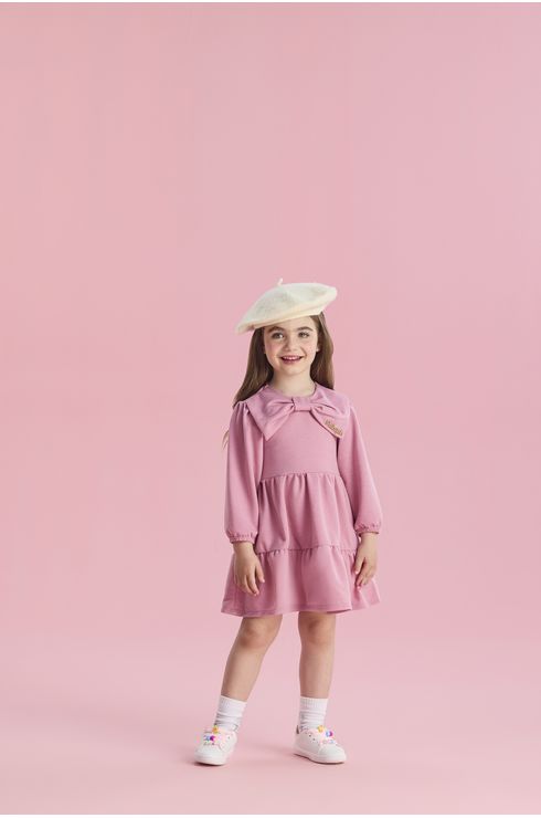 Vestido Manga Longa Liso Com Laço Aplicado Na Gola
