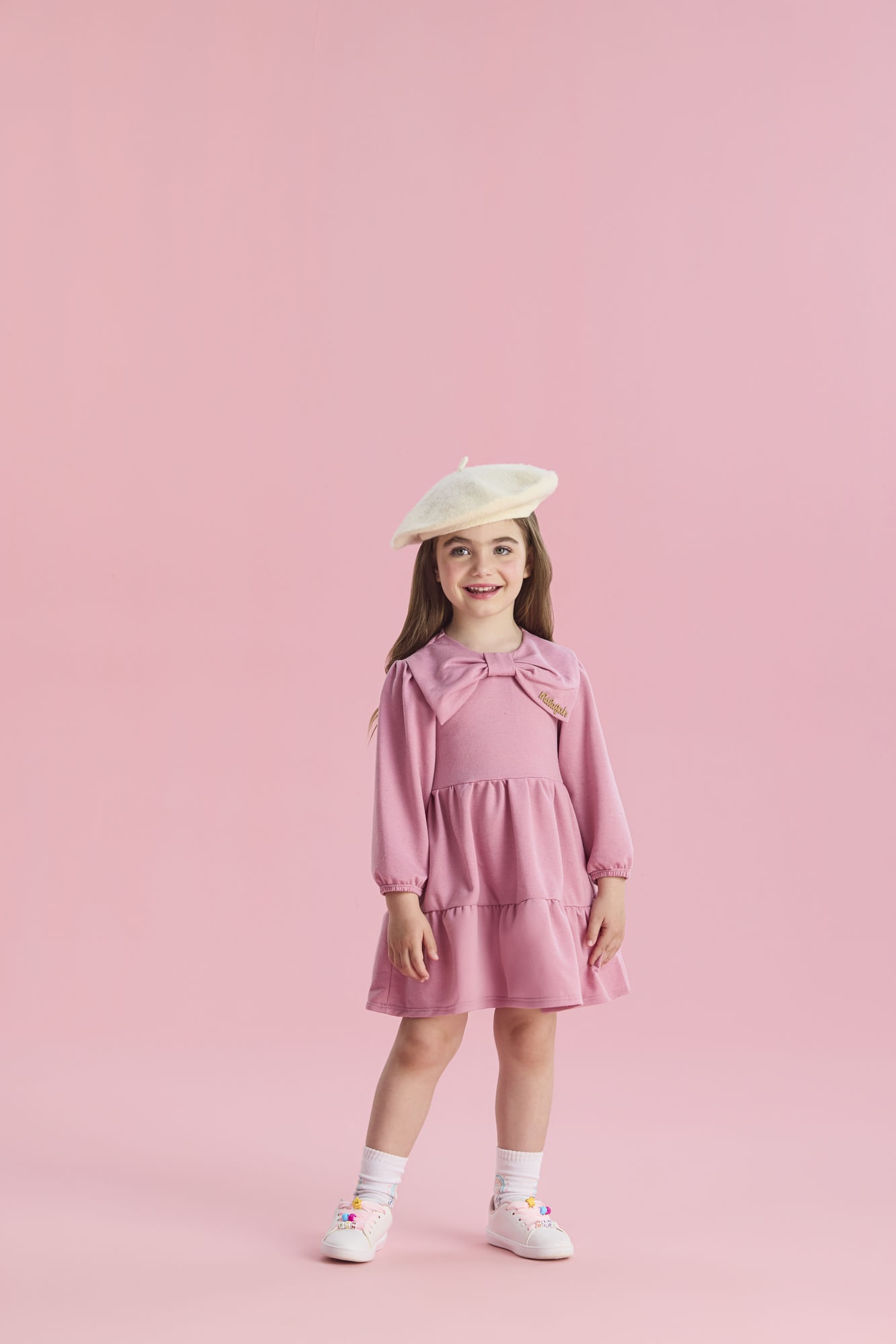 Vestido-Manga-Longa-Liso-Com-Laco-Aplicado-Na-Gola