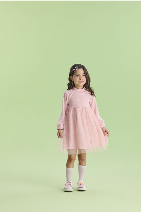 Vestido Manga Longa Em Malha Com Tule Sobreposto