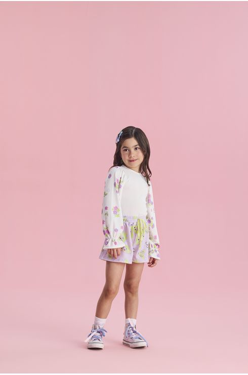 Conjunto Manga Longa Blusa E Short Com Cós De Elástico