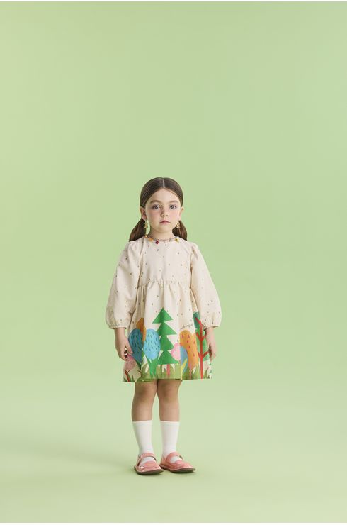 Vestido Manga Longa Em Tricoline Estampado Com Manga Ampla