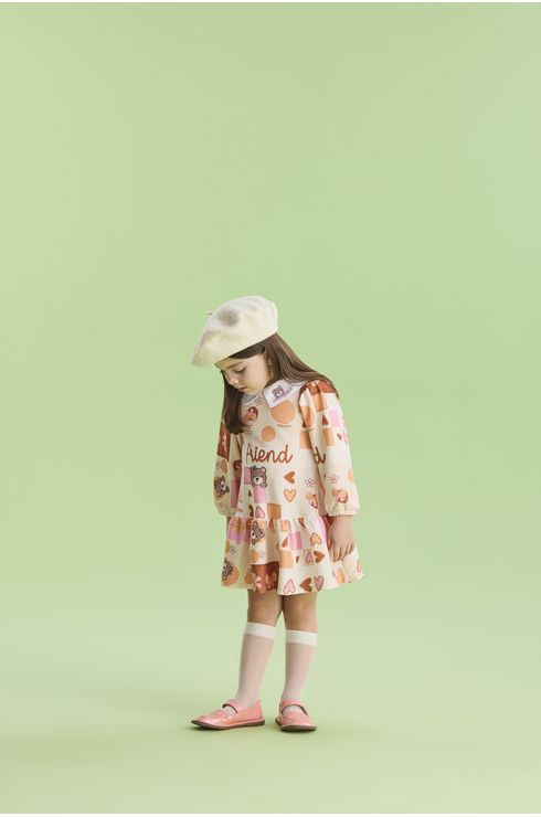 Vestido Manga Longa Estampado Com Gola Aplicada