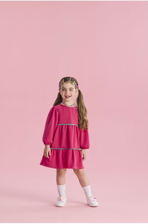 Vestido Manga Longa Estilo 3 Marias Com Vivo Contrastante