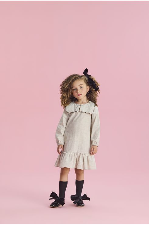 Vestido Manga Longa Em Algodão Listrado Com Gola Diferenciada