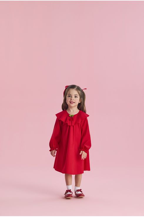 Vestido Manga Longa Em Tricoline Com Aplicação De Cerejinha