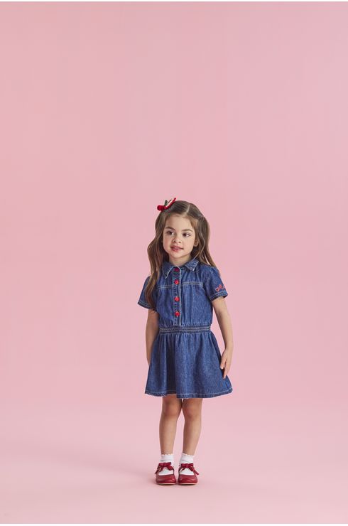 Vestido Manga Curta Jeans Com Estampa Na Manga