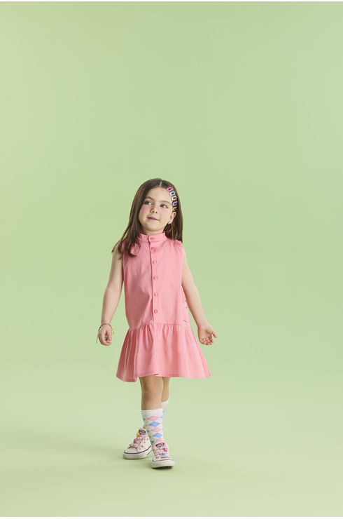 Vestido Manga Curta Em Tricoline Com Abertura Em Botões
