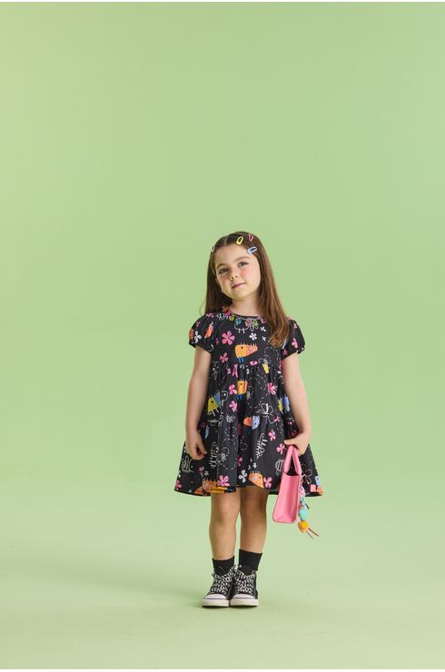 Vestido Manga Curta Em Tricoline Estampada