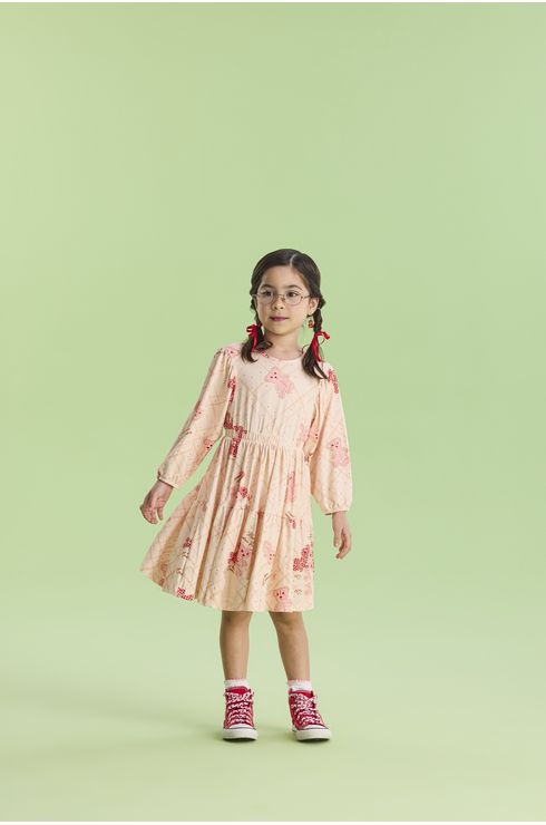 Vestido Manga Longa Estampado Com Babado Aplicado