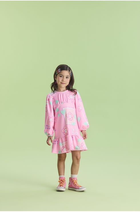 Vestido Manga Longa Em Moletinho Estampado