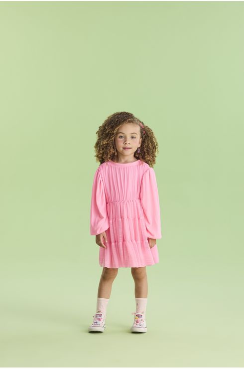 Vestido Manga Longa Canelado Com Tule Sobreposto